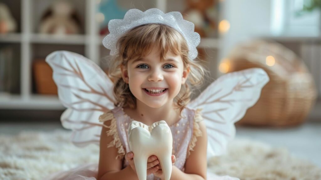 A little girl dressed as a fairy holding a fake tooth.